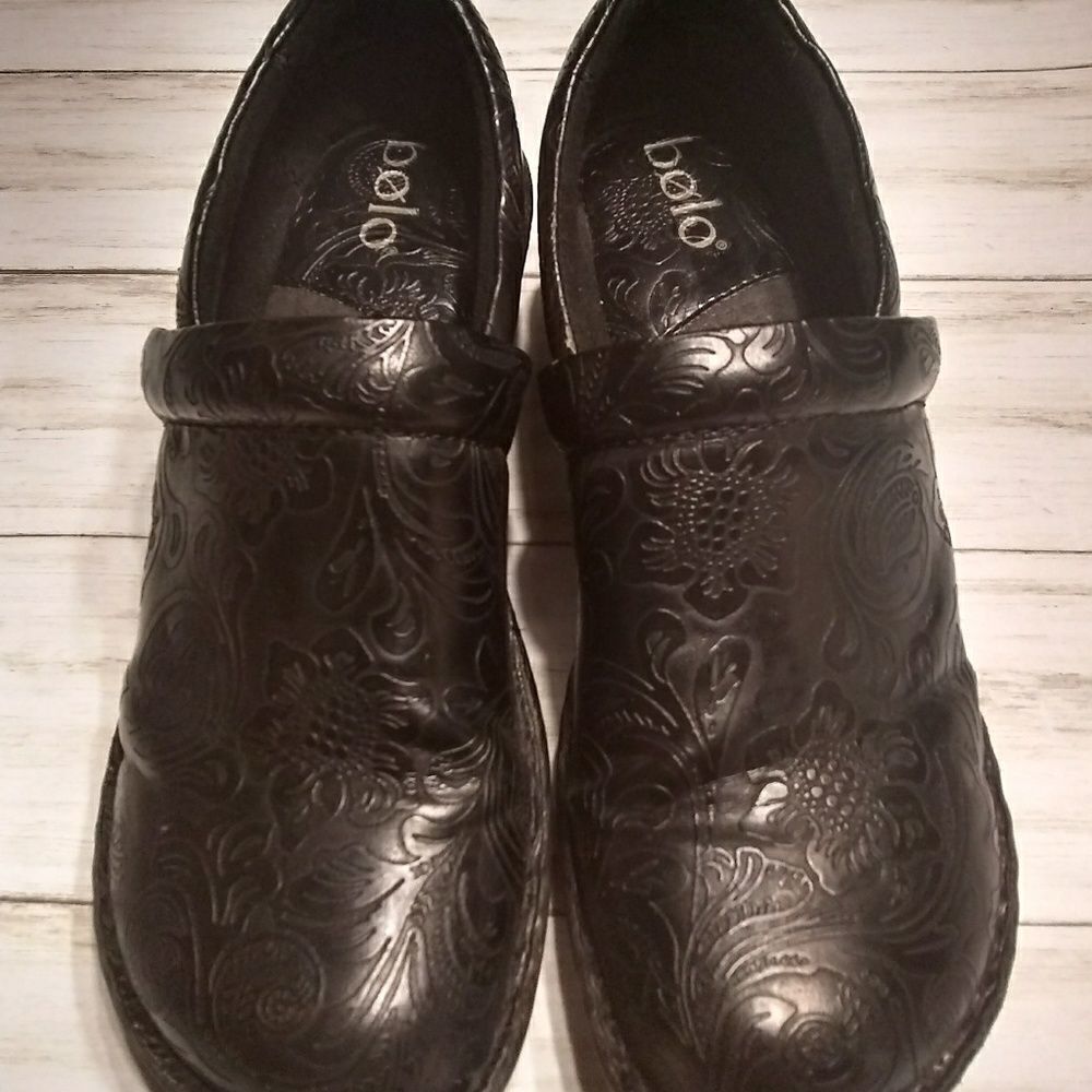 Bolo black embossed clogs size 9.5